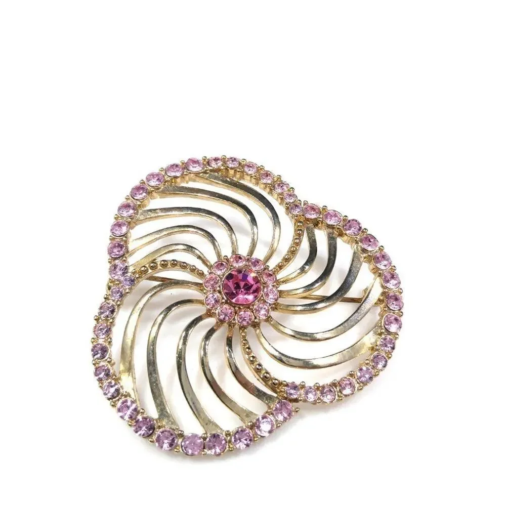 Liz Claiborne Pink Rhinestone Openwork Brooch, 2 1/8 Inches